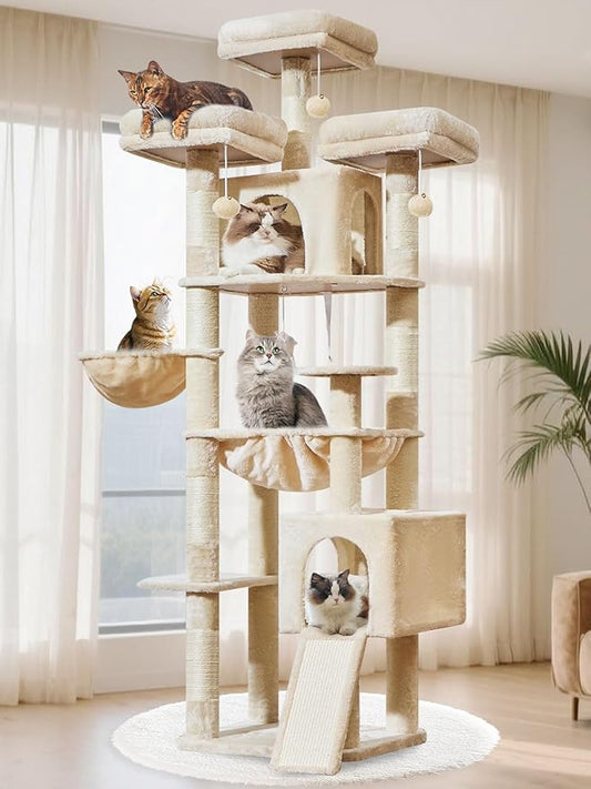 Taoqimiao 76-Inch Cat Tree with Scratching Posts,XXL Cat Tower for Large Cats with Cat Scratching Board,Extra-Large Metal Hammock,3 Perches, 2 Big Condos, Hanging Basket, MS047M, Beige
