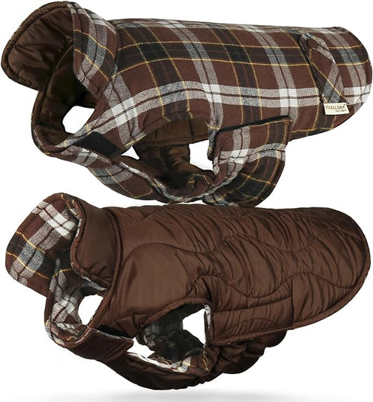 VIVAGLORY Softjoy Dog Coat, Dog Jacket for Winter & Christmas, Coat with Harness Hole & Velcro Closure, Reversible Plaid Checkered Warm Fluffy Heavy Duty for Puppy, XL, Coffee