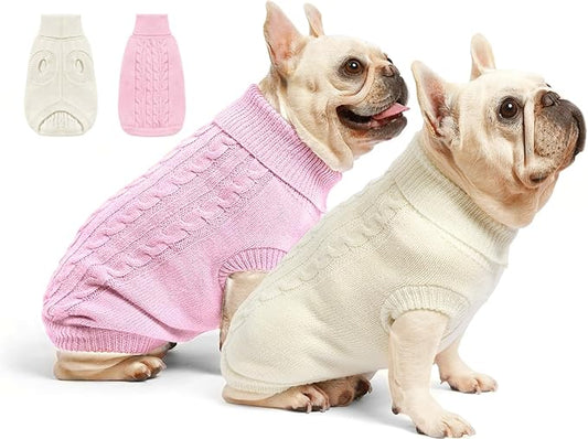 2 Pack Dog Sweaters for Small Dogs - Puppy Medium/Large Warm Clothes in Winter, Turtleneck Pullover Design for Boy Girl Pet, Doggie, Cat, Kitten Chihuahua Bulldog Pug Beagles (XL, Pink, Beige)