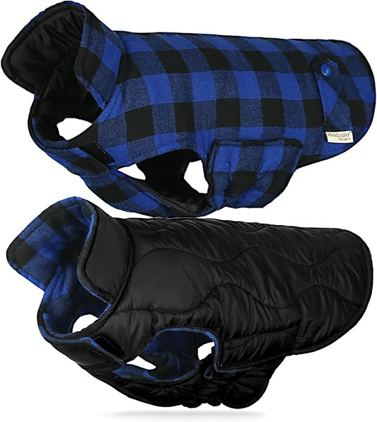 VIVAGLORY Softjoy Dog Coat, Dog Jacket for Winter & Christmas, Coat with Harness Hole & Velcro Closure, Reversible Plaid Checkered Warm Fluffy Heavy Duty for Puppy, XS, Sapphire Blue Plaid