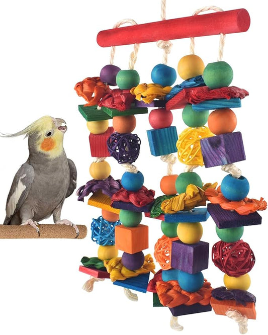 Bird Toys, Parakeet Chewing Toy, Multicolored Natural Wooden Blocks Birds Parrot Tearing Toys mit Rattan Wicker Balls, for Medium Small Macaw Cockatoos Budgie Lovebird Cockatiel Conures