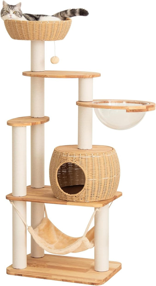 Wood Cat Tree for Large Cat, 57-Inch Tall Cat Tower with Scratching Post for Indoor Cats, Multi-Level Cat Condo with Hand-Woven Cat Bed and Hammock Acrylic Bowl Easy to Clean (DC888)