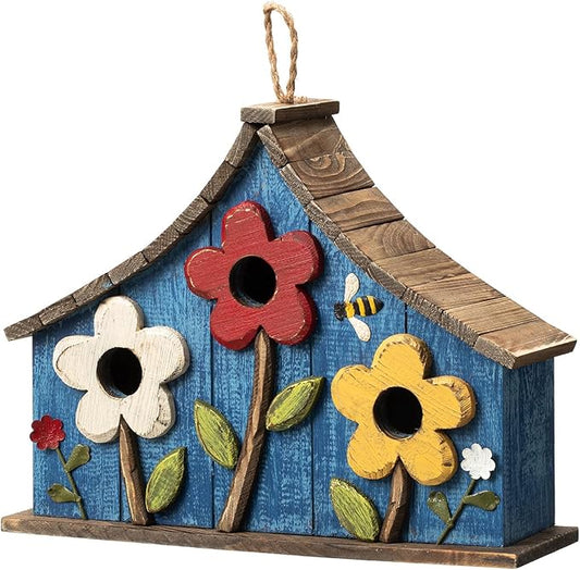Glitzhome Bird Houses for Outside, 15" L Oversized Distressed Solid Wood Birdhouse with 3D Flowers Rustic Three-Story Villa Decorative Hand-Painted Hanging Bird Houses for Outdoors,Washed Blue