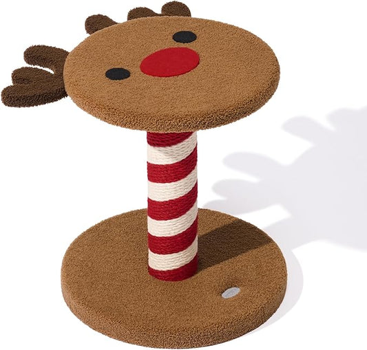 VETRESKA 18.1" Reindeer Cat Scratching Post, Two-Layer Soft Plush Platforms, Christmas Cat Scratch & Rest Furniture, Space-Saving Holiday Decoration