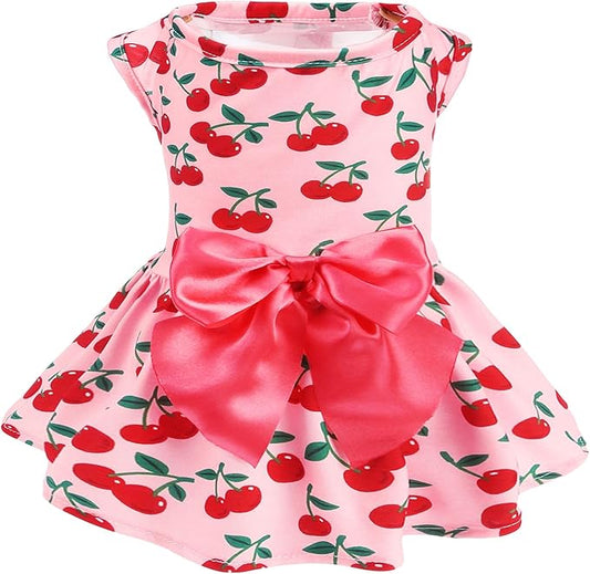PUPTECK Print Dog Dress Pet Apparel with Cute Bowtie Puppy Clothes Outfit, Cherry, XS