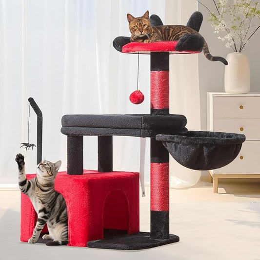 Taoqimiao MS043BR Cat Tree, 32.2-Inch Cat Tower for Indoors Cats, Cat Condo with Large Cat Perch, Spacious Cat Cave, Scratching Posts for Small and Medium Cats, Black and Red