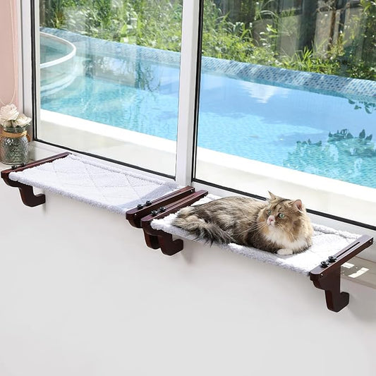 Zakkart 2PC Easy Seat Cat Perch for Window Sill - Hammock Design w/Pine Wood & Robust Metal Frame - Cat Window Seat for Large Cats and Kittens (Dark Stained Wood w/Gray Bed, Medium (23''W x 14''D))