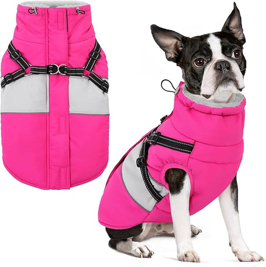 SUNFURA Small Dog Coat with Harness Built in, Warm Dog Jacket Winter with Zipper On Back, Waterproof Pet Snow Jacket Snowsuit Pet Sweater Clothes for Puppy, Hot Pink XS