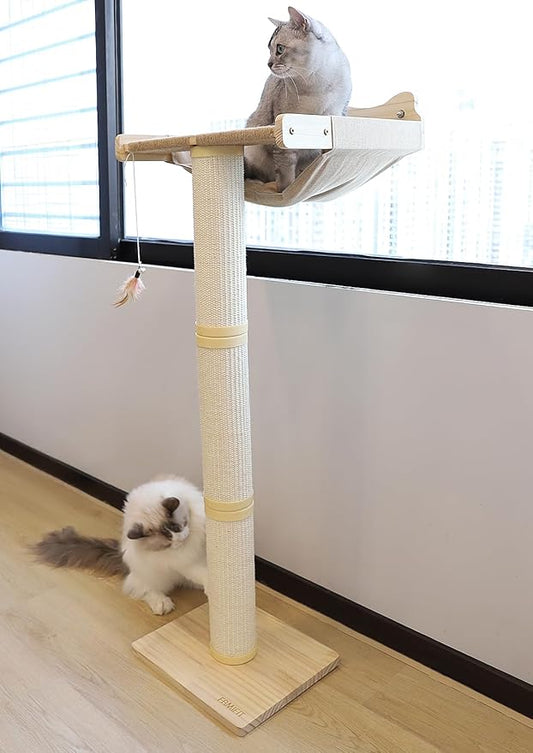 Upgraded Cat Window Perch with Scratching Post, 47.3" Adjustable Cat Tall Scratching Posts & Suction Cup ??Multi-Level Perch for Climbing, Bird Watching, and Play, Supports 50 lbs (Drilling-Free)