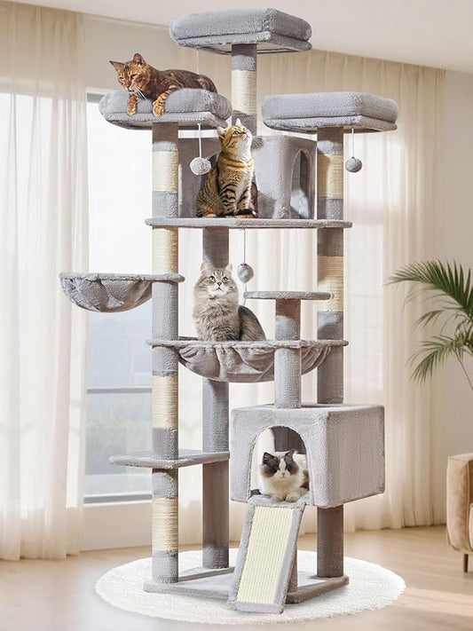 Taoqimiao 76-Inch Cat Tree XXL for Large Cats, Giant Cat Tower with Scratching Board, Extra-Large Metal Hammock, 3 Perches, 7 Sisal Posts, 2 Big Condos, Hanging Basket, Light Gray, MS047W