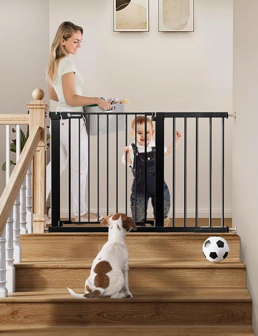 COMOMY 30" Tall Baby Gate for Stairs Doorways, Fits Openings 29.5" to 46" Wide, Auto Close Extra Wide Dog Gate for House, Pressure Mounted Easy Walk Through Pet Gate with Door, Black