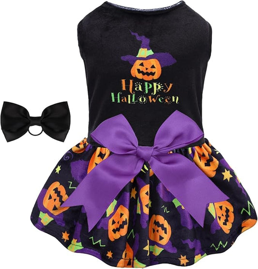 CuteBone Halloween Dog Dresses Velvet Holiday Small Dogs Clothes Onesie Pet Apparel Girl Puppy Skirt with Bow Hair Rope CVA41XXS-D