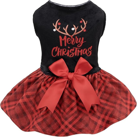 CuteBone Christmas Dog Dresses Velvet Holiday Small Dogs Clothes Onesie Pet Apparel Girl Puppy Skirt with Bow Hair Rope CVA59L-D