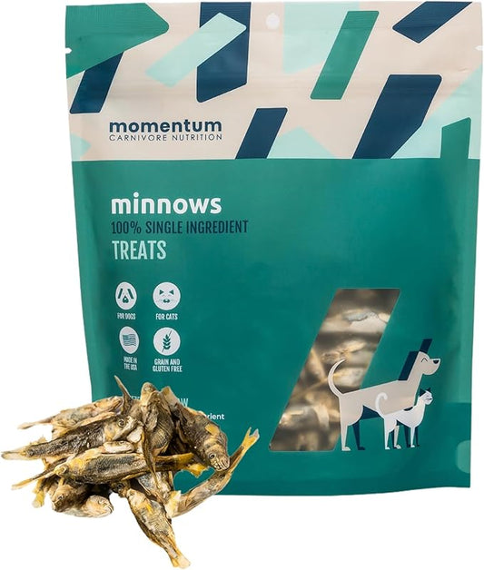 Momentum Carnivore Nutrition Freeze-Dried Minnows Dog Treats & Cat Treats ??Single-Ingredient, High-Protein, Grain-Free, Natural Whole-Fish Treat ??Made in USA ??2 oz Bag