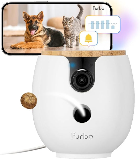 Furbo Mini 360° [New] 2K QHD Pet Camera - Unlock Smart Camera & Smart Features w/Paid Plan: Dog & Cat Safety Alerts, Rotating Treat Dispenser w/Speaker (Subscription Required, Low Risk 3mo Minimum)