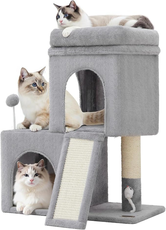24inch Tall Cat Tree with 2 Cat Condo and Mouse Toy Cozy Small Cat Tower with Scratching Post and Board for Kitties and Small Cats.（Light Greyï¼?(22 * 13 * 28)