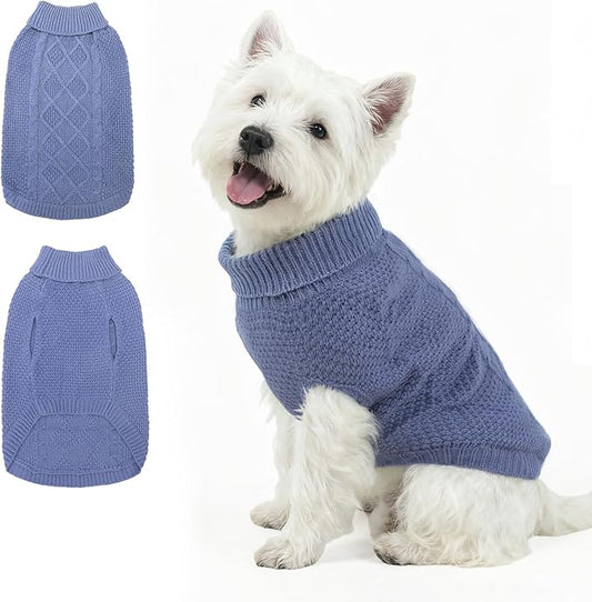 Mihachi Turtleneck Dog Sweater - Winter Coat Apparel Classic Cable Knit Clothes with Leash Hole for Cold Weather, Ideal Gift for Pet in New Year Grayish Blue XS