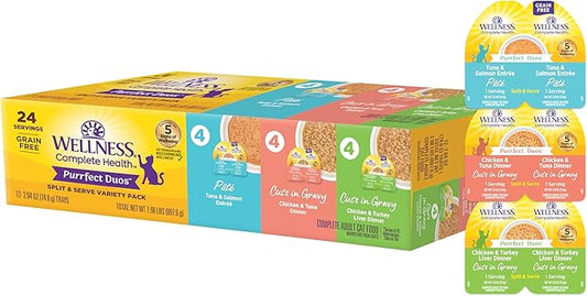Wellness Complete Health Purrfect Duos, Adult Wet Cat Food, Natural, Protein-Rich, Grain-Free, 2.64 Ounce, 12 Pack, (Pate & Gravy Variety Pack)