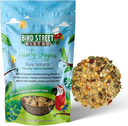 Bird Street Bistro Parrot Food for Parakeets & Cockatiels - Hearty Veggies - 20 oz - Cooks in 3-15 min, Natural & Organic Grains, Fruits & Vegetables - USA Made