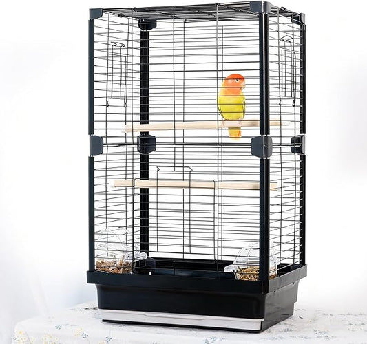 25 inch Bird Cage, Portable Travel Parrot Cage, Double-Layer Parakeet Cage, for Temporary Pet Accommodation, Trip to Vet, Short Trip, Camping, Black
