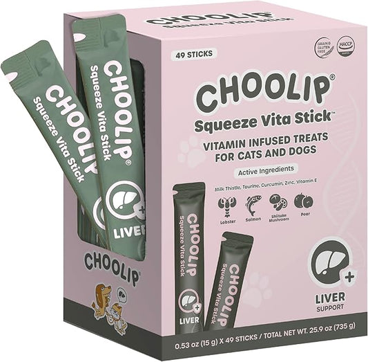 Choolip Squeeze Vita Stick Lickable Cat and Dog Treats ??49-Count Liver Support Sticks with Multivitamins, Soft Squeezable Paste for All Life Stages, Supporting Liver Health