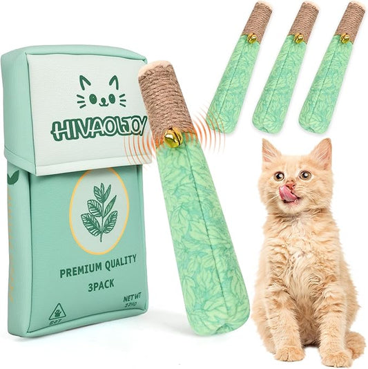 3 Pack Catnip Toys for Cats, Funny Cat Toys with Dental Rope & Fun Bell,100% Pure Organic Catnip Toys,Bite-Resistant Kitten Teething Chew Toys,Anxiety Relief Kicker Toys for Indoor Cats