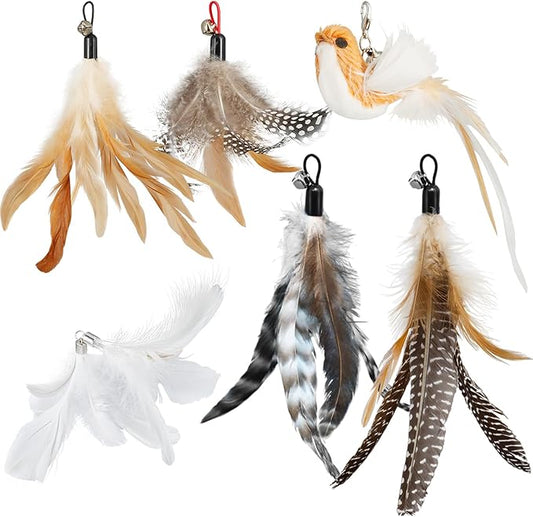 ROSAUI Cat Toy Refill Set ??6 Replacement Attachments for Teaser Wands, Includes 5 Feather Heads & 1 Lifelike Bird, Bell-Equipped, Interactive Accessories for Indoor Cats