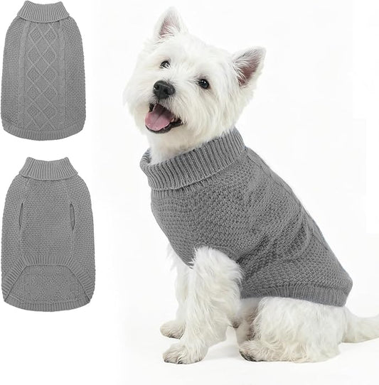 Mihachi Turtleneck Dog Sweater - Winter Coat Apparel Classic Cable Knit Clothes with Leash Hole for Cold Weather, Ideal Gift for Pet in New Year Grey S