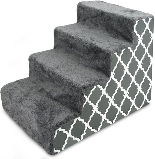Best Pet Supplies Dog Stairs & Steps - Foam Steps for Small Dogs & Cats, Non-Slip Indoor Balanced Pet Step Support, Dog Ramp, No Assembly, Gray Lattice Print, 4-Step (18-inch Height)