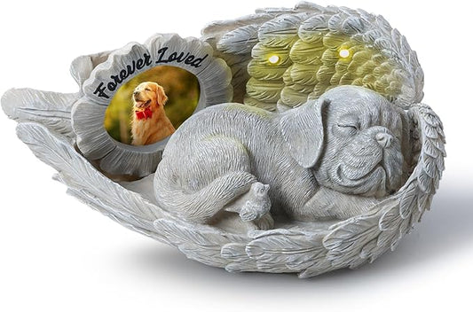 Dog Memorial Gift, Angel Memorial Dog Statue with Photo Frame, Forever My Guardian Angel Garden Solar Light Dogs for Pet Memorial Stone