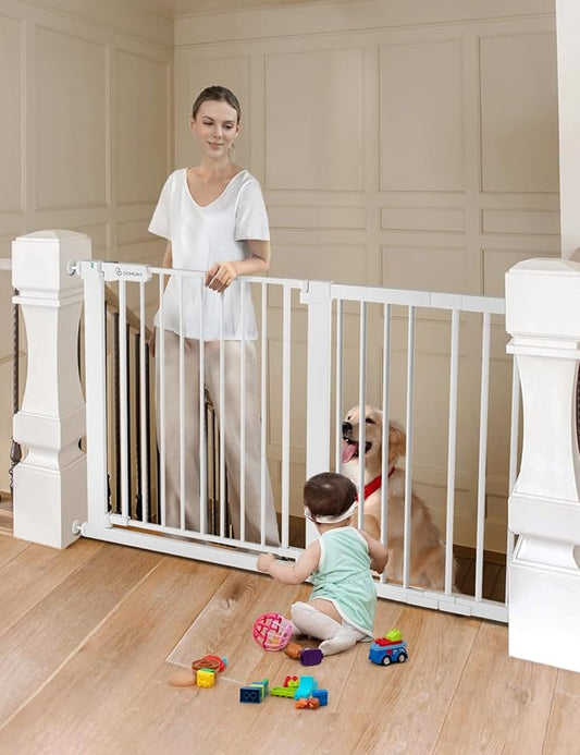 COMOMY 30" Tall Baby Gate for Stairs Doorways, Fits Openings 29.5" to 51.6" Wide, Auto Close Extra Wide Dog Gate for House, Pressure Mounted Easy Walk Through Pet Gate with Door, White