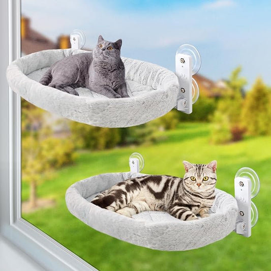 Sunhoo 2PCS Cat Window Perch Hammock Cordless Kitty Sunny Bed Seat Window Sill Shelf for Inside Cats Foldable Lounger with 4 Strong Suction Cups Soft Plush Cover 21 * 11.8 in Holds up to 40lbs (Grey)