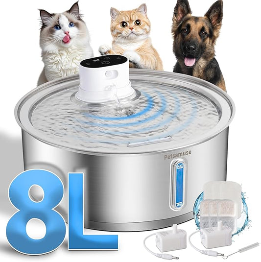 Wireless Dog Water Fountain, 2.1Gal/8L Battery Operated Stainless Steel Pet Water Fountain Motion Sensor Dog Water Bowl Large Cat Bowl Inside with 3 Filters and 2 Ultra Quiet Pumps