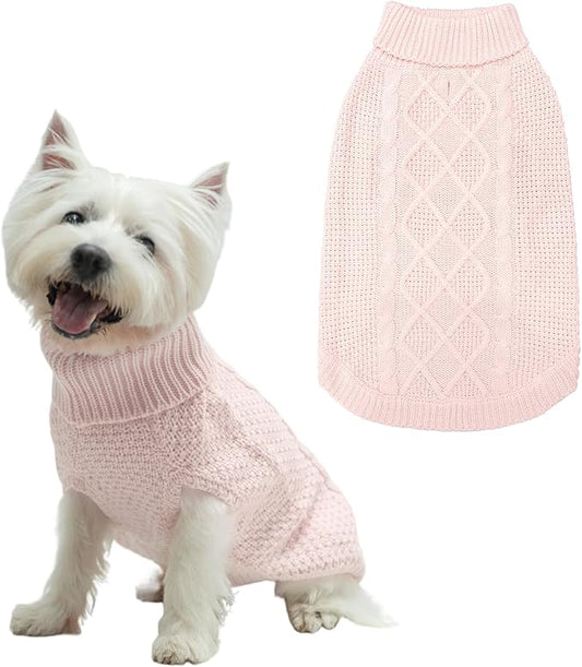 Mihachi Turtleneck Dog Sweater - Winter Coat Apparel Classic Cable Knit Clothes with Leash Hole for Cold Weather, Ideal Gift for Pet in New Year Rosy X-Small