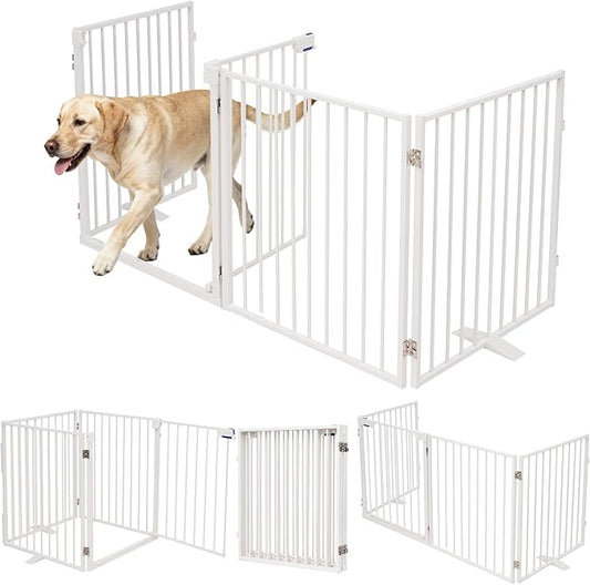 104" Extra Wide Dog Gate, Heavy Duty Metal Freestanding Dog Gate with Door for Indoor & Outdoor, Foldable Pet Fence for Doorways,House,Porch,Deck,Yard,Stairs, Auto Close(4 Panels,White)