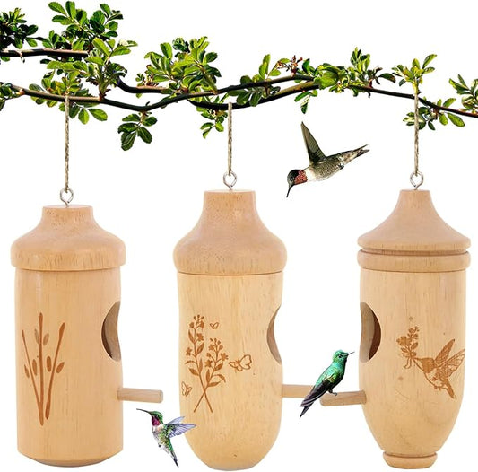 Hummingbird House - Natural Wooden Hummingbird Nesting Houses for Gardening Gifts, Christmas Home Decoration 3 Packs
