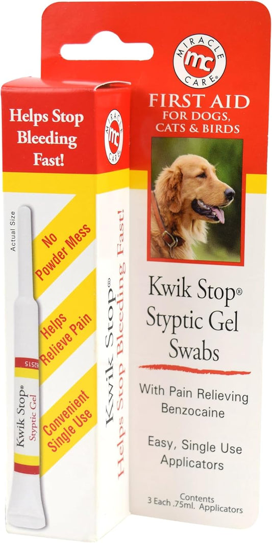 Miracle Care Kwik Stop Styptic Gel Swabs for Dogs, Cats and Birds, 3 Single Use Applicators, Fast Acting Blood Stop with Pain Relieving Benzocaine