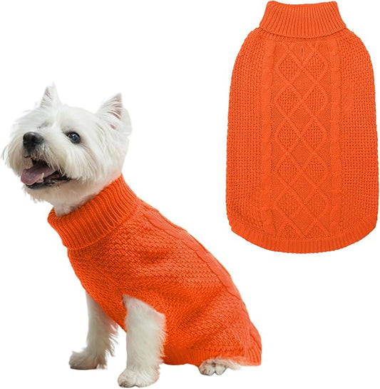 Mihachi Turtleneck Dog Sweater - Winter Coat Apparel Classic Cable Knit Clothes with Leash Hole for Cold Weather, Ideal Gift for Pet in New Year Orange Small