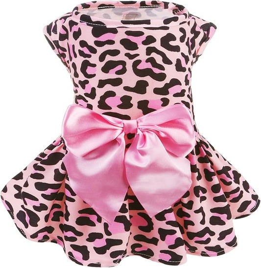 PUPTECK Print Dog Dress Pet Apparel with Cute Bowtie Puppy Clothes Outfit, Leopard Print, M