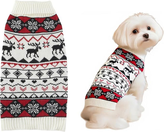White Red Ugly Vintage Knit Reindeer Holiday Festive Christmas Dog Sweater for Small Dogs, Small (S) Back Length 12"