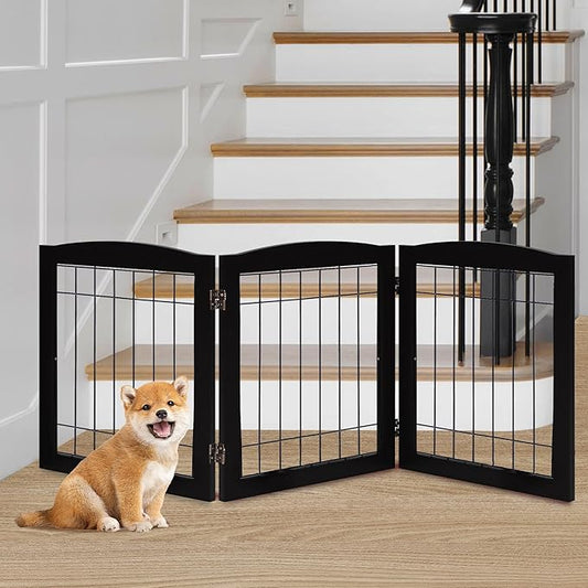 LZRS 3-Panel Freestanding Foldable Wooden Dog Gate ?“Solid Wood & Steel Wire Chew-Resistant Indoor Safety Pet Fence for Doorways & Stairs, Ideal for Small to Medium Dogs & Puppies, Black