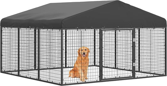 118" x 118" Outdoor Dog Kennel Steel Ideal Dog Fence for Medium/Small Dogs Anti-Rust Coating Cage with Roof All Weather Resistant Dog House with Double Locks