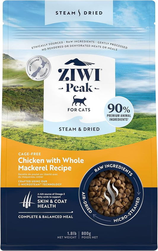 ZIWI Peak Steam & Dried Cat Food ??Cage-Free Chicken w/Whole Mackerel - High Protein, Skin & Coat Health, Low Carb, for All Life Stages (28.8oz)