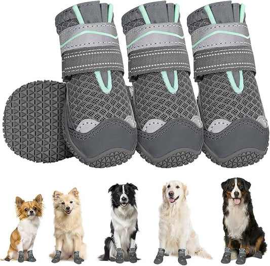 SlowTon Dog Shoes for Large Small Medium Dogs - Breathable Dog Boots for Summer Hot Pavement, Paw Protector for Outdoor Walking Winter Snow, Anti-Slip Rubber Dog Booties for Hardwood Floor (GY, 0)