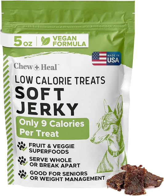Chew + Heal Labs Low Calorie Dog Jerky Treats - 5 oz of Vegan Plant Based Natural Dog Treats with Chia Seeds, Fruits, and Vegetables - Good for Weight Management - Made in The USA