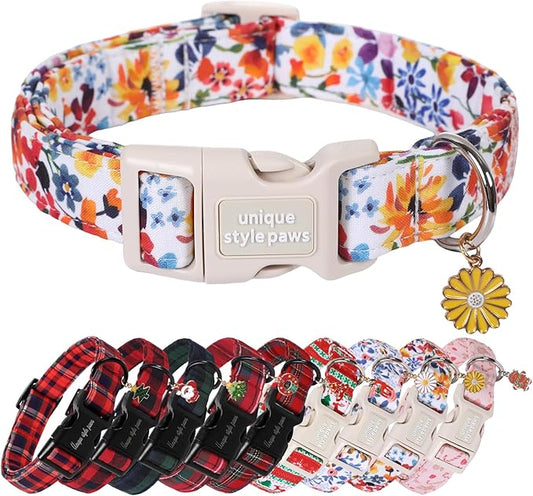 Unique Style Paws Dog Collar Plastic Buckle with Pendant Colorfol Flower Cotton Puppy Collars for Small Medium Large Dogs