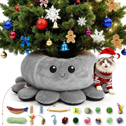 Cat Tunnel Bed for Indoor Cats, Peekaboo Cat Cave Bed, Cat Tunnel Christmas Tree Skirt, Octopus Shaped