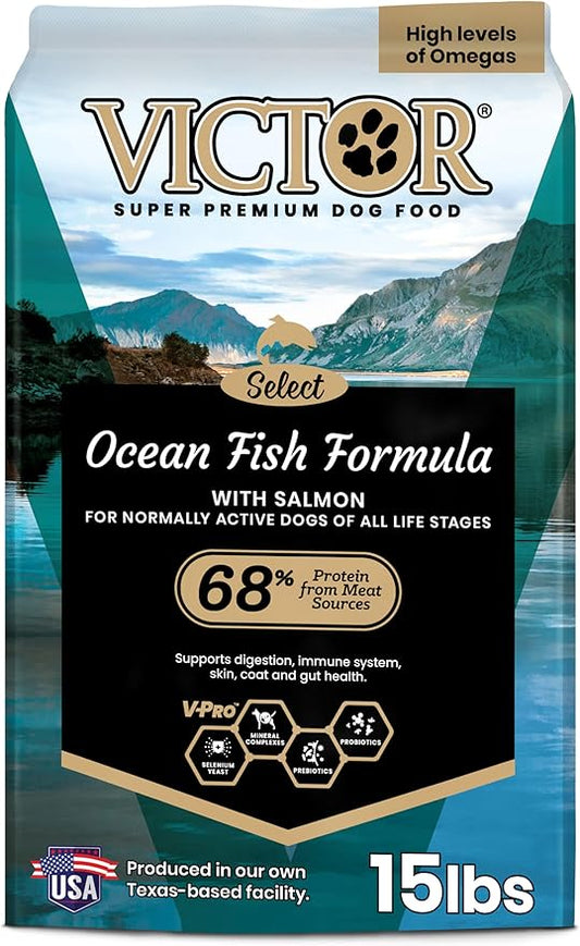 VICTOR Super Premium Dog Food ??Select Ocean Fish Formula with Salmon ??Omega-3 and Omega-6 Enriched Gluten-Free Dry Kibble for All Normally Active Dogs of All Life Stages, 15lbs