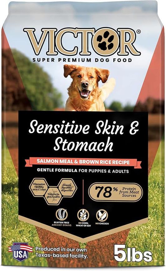 VICTOR Super Premium Dog Food ??Sensitive Skin and Stomach ??Salmon Meal & Brown Rice Recipe Dry Kibble ??Gluten Free, No Chicken, Ideal for Dogs with Allergies ??Adult and Puppy Food, 5 lb