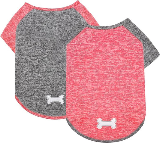 KYEESE 2 Pack Dog Shirts Quick Dry Raglan Sleeve Soft Stretchy Dog T-Shirts with Reflective Label Pet Clothes for Small Dogs Sun Protection Pet Apparel, Coral Red+Grey, L